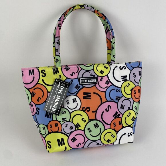 Steve‎ Madden Insulated Mini Lunch Tote Multi Color Zip Smiley Face Brand New - Picture 1 of 11